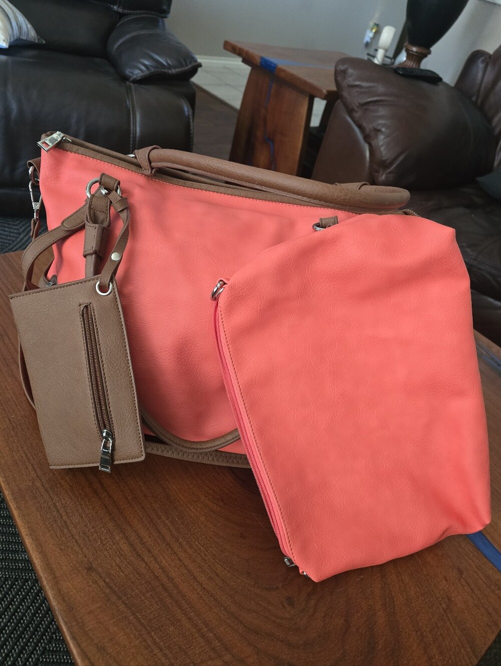 Coral Pink Shoulder Bag & Brown Trim - Classic Everyday Tote 3 In 1 Black Rivet - Picture 7 of 16